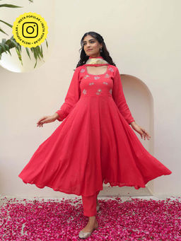Bud & Tulip - Pink Sachi Anarkali with Pant and Dupatta (Set of 3)