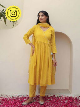 Bud & Tulip - Mustard Gathered Wrap Angrakha with Pant and Dupatta (Set of 3)