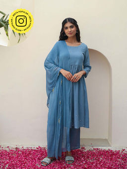 Bud & Tulip - Blue Eka Gathered Kurta with Pant and Dupatta (Set of 3)