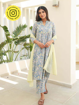 Bud & Tulip - Grey Aparna Kurta with Pant and Dupatta (Set of 3)