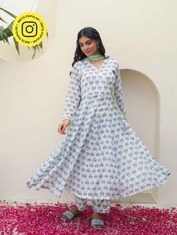 Bud & Tulip - White Sundari Angrakha with Pant and Dupatta (Set of 3)