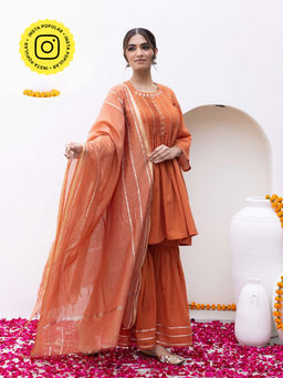 Bud & Tulip - Womens Cotton Embroidered Rust Pleated Sharara Suit