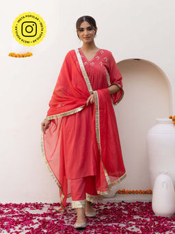 Bud & Tulip - Womens Cotton Sequined Coral Sachi Manushi Suit