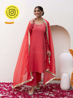 Bud & Tulip - Womens Cotton Sequined Coral Sachi Straight Suit