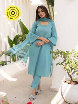 Bud & Tulip - Womens Cotton Solid Blue Inaya Suit