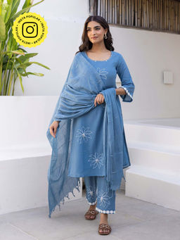 Bud & Tulip - Womens Cotton Floral Blue Eka Straight Suit