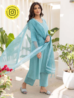 Bud & Tulip - Womens Cotton Embroidered Blue Anarkali Divisha Suit
