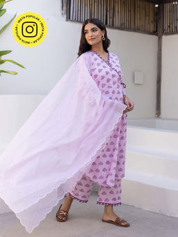 Bud & Tulip - Womens Cotton Printed Purple Angrakha Bhavya Wrap Suit