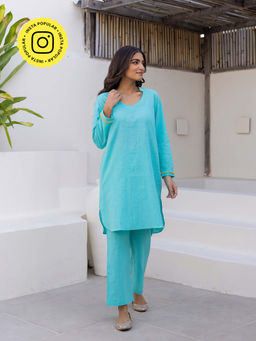Bud & Tulip - Womens Cotton Embroidered Blue Brinda Co-Ord Set