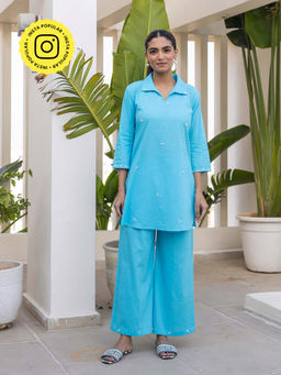 Bud & Tulip - Womens Cotton Embroidered Blue Binita Co-Ord Set