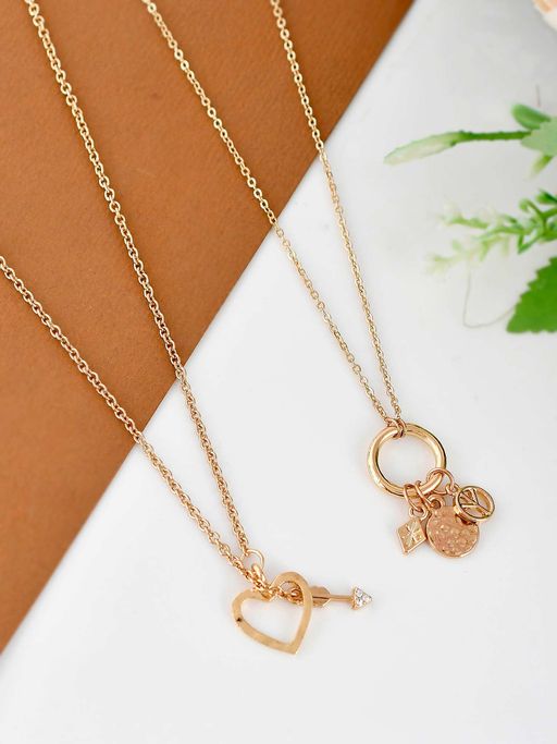Shoshaa Set Of 2 Gold-Toned Combo Heart Shaped Pedantes With Chains
