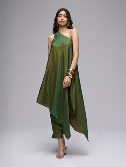 Gajra Gang - Green Metallic Tissue Asymmetric Kurta Straight Pant Set Boho Naari (Set of 2)