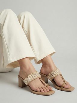 Gahan - Womens Beige Round Toe Block Sandal Heels