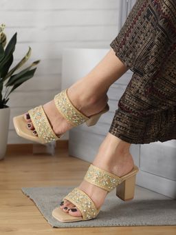 Gahan - Womens Beige Block Ethnic Pearls Sandal Heels