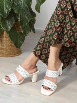 Gahan - Womens White Block Ethnic Pearls Sandal Heels
