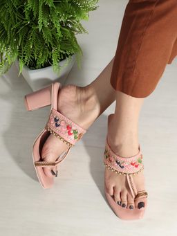 Gahan - Womens Peach Patch Work Ethnic Embroidered Block Sandal Heels
