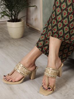 Gahan - Womens Beige Mirrior Embellished Work Embroidered Block Sandal Heels