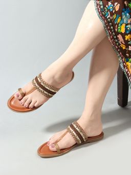 Gahan - Womens Tan Ethnic-Embellished Flats