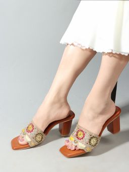Gahan - Womens Tan Patchwork Embroidered Open Toe Block Sandal Heels