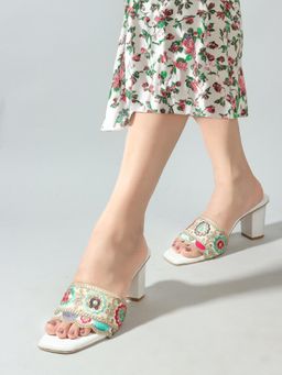 Gahan - Womens White Patchwork Embroidered Open Toe Block Sandal Heels