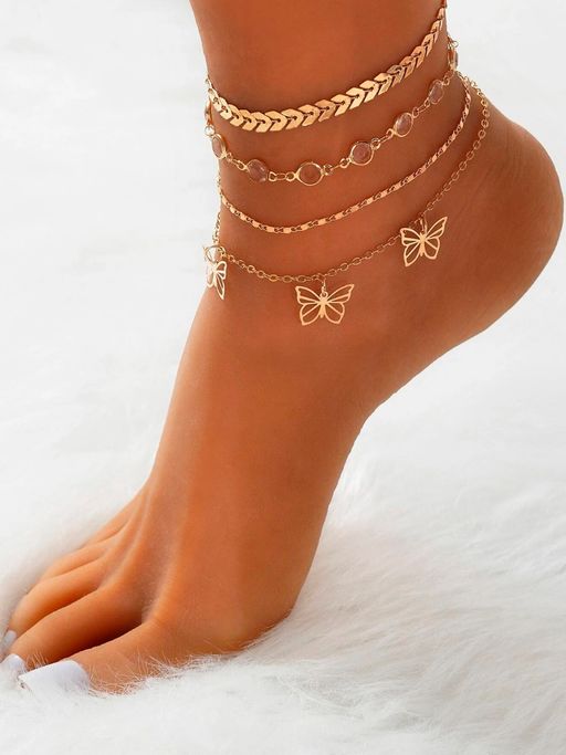 OOMPH Combo of 4 Gold Butterfly Charm Fashion Anklet