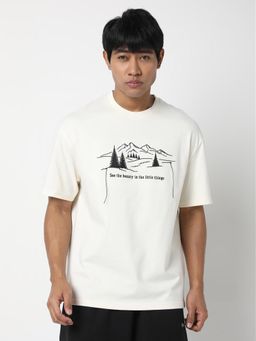 R&B - White Cotton Round Neck Printed Men T-Shirt