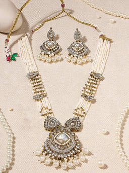 Zaveri Pearls - White Antique Gold Tone Stones Multistrand Jewellery Set