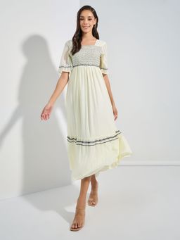 Styli - Women Cream Contrast Stitch Square Neck A-Line Midi Dress