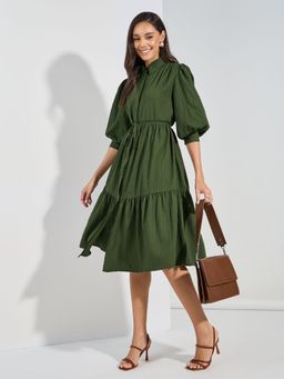 Styli - Women Green Puff Sleeve Shirt Midi Dress With Belt (Set of 2)