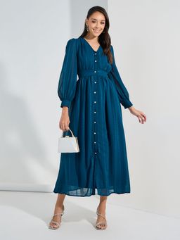 Styli - Women Teal Volume Sleeve A-Line Midi Dress