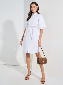 Styli - Women White Cotton Balloon Sleeve Shirt Knee Length Dress With Belt (Set of 2)