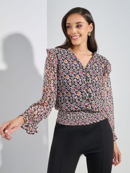 Styli Elevate - Women Multicolour Printed V Neck Elasticated Ruffed Cuff And Ruched Hem Top