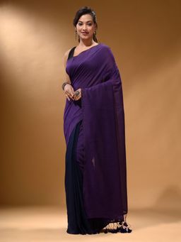 Arhi - Violet and Navy Blue Cotton Handspun Soft Pompom Saree with Unstitched Blouse
