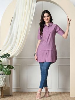 MYSHKA - Women Solid A-Line Collared Neck Casual Tunic In Lavender