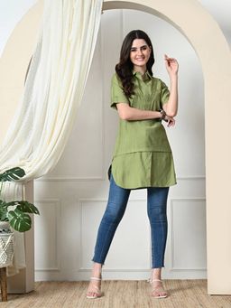 MYSHKA - Women Solid A-Line Collared Neck Casual Tunic In Green