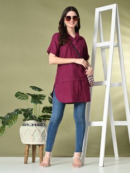 MYSHKA - Women Solid A-Line Collared Neck Casual Tunic In Wine