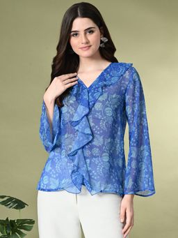 MYSHKA - Women Printed Georgette Long Sleeves Casual Top-Blue