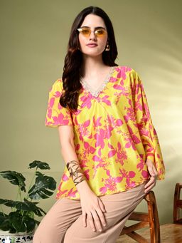 MYSHKA - Women Printed Chinon Kaftan Style Flared Sleeves Party Top-Yellow
