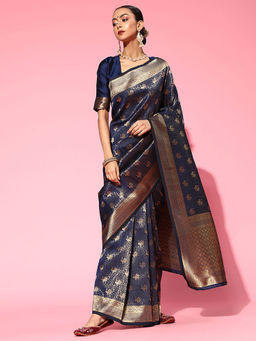 Sareemall - Navy Blue Festive Silk Blend Woven Design Saree with Unstitched Blouse