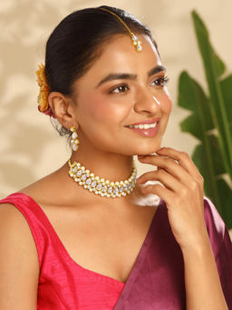 Yellow Chimes - Traditional Kundan Beads Choker Necklace Set