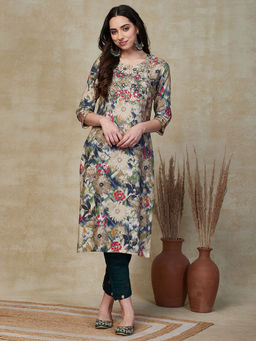 FASHOR - Floral Printed Resham Embroidered Kurta - Multi
