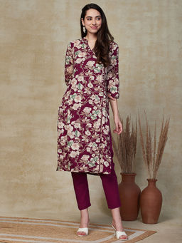 FASHOR - Floral Printed Embroidered Kurta with Pant - Purple (Set of 2)