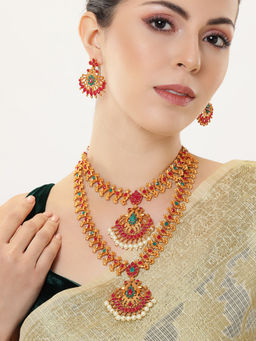 Estele - Traditional Double Line Peacock Nakshi Necklace Set|Antique Temple Jewelry