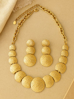 Estele - Gold Plated Round Pattern Interconnected Glossy Beaten Gold Necklace Set for Women