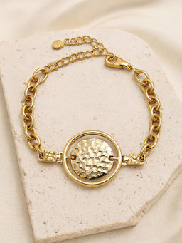 Estele - Gold Plated Twin Circle Linked Chain Adjustable Beaten Gold Bracelet for Women