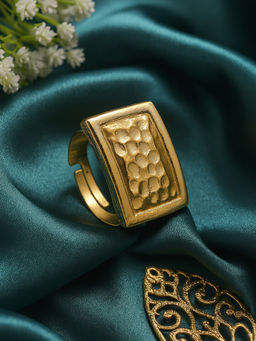 Estele - Gold Plated Rectangle Shape Lightweight Adjustable Beaten Gold Finger Ring for Women