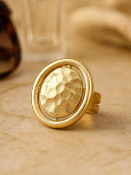 Estele - Dual Circular Gold Plated Lightweight Adjustable Beaten Gold Finger Ring for Women