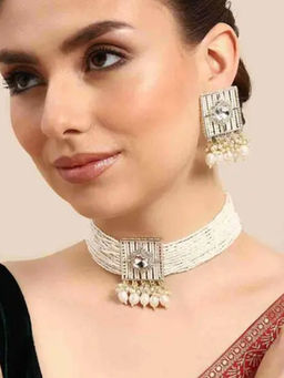 Estele - Rhodium-Tone Pearl Layer Choker Set– Gehena Statement Jewelry for Traditional Look