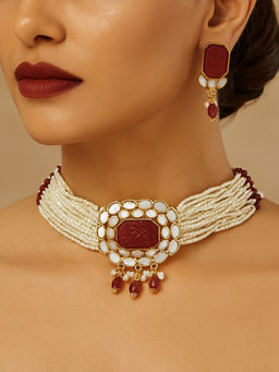Estele - Pearl Layer Choker Set|Gehena Kundan Beaded Jewelry for Weddings & Festive Looks