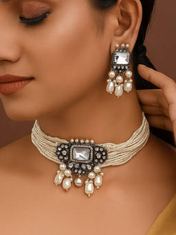 Estele - Traditional Polki Pearl Choker Set|Gehena Statement Jewelry for Festive & Weddings